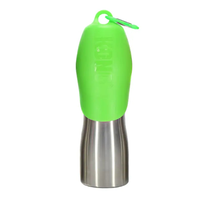 Edelstahl Hundetrinkflasche mit grünem Deckel, gleichzeitig auch ein praktischer Napf ist.