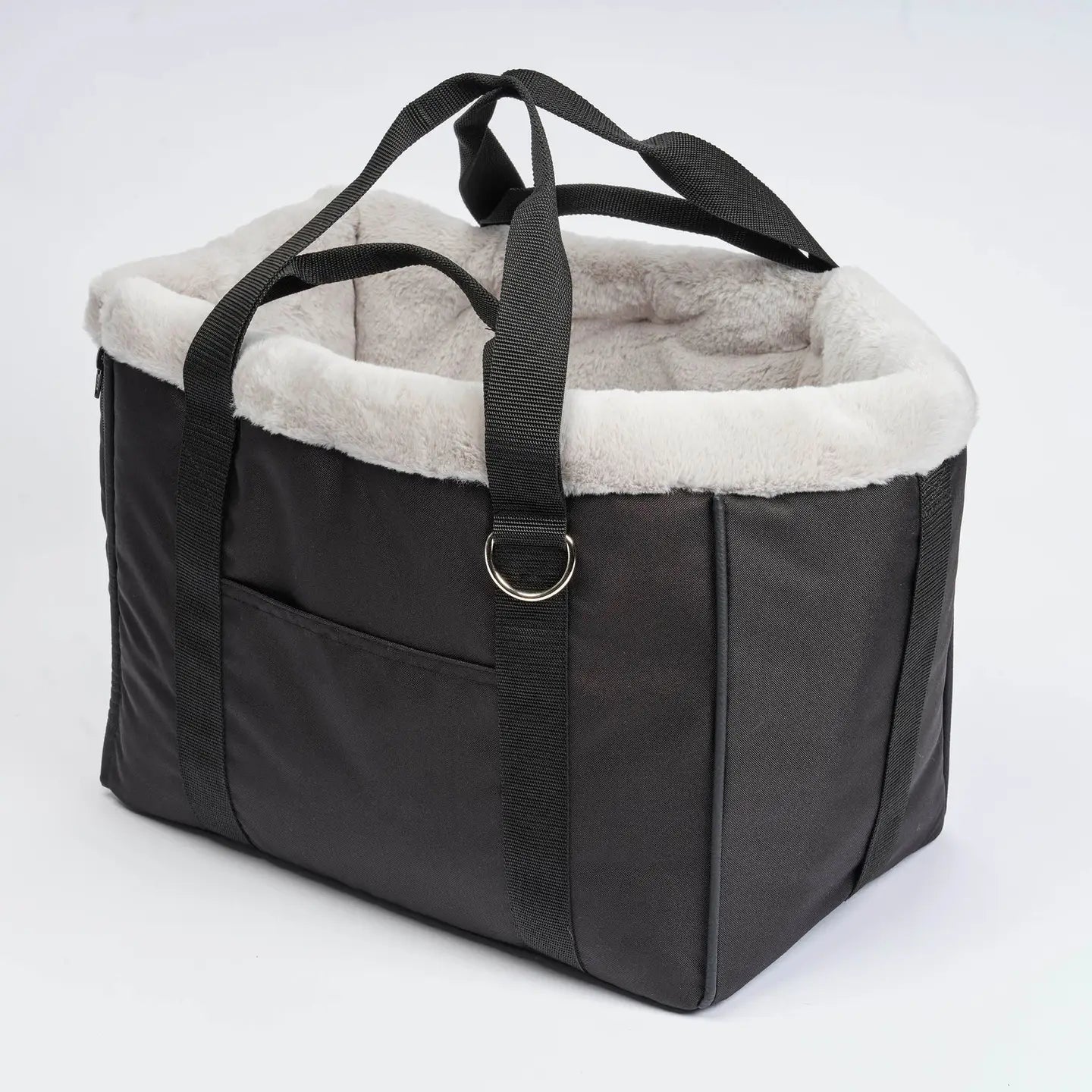 Hundetasche CosyBag Frankfurt von Leopold's Finest in schwarz mit weißem Fell. Vorderansicht geschlossen mit Tragegriffen