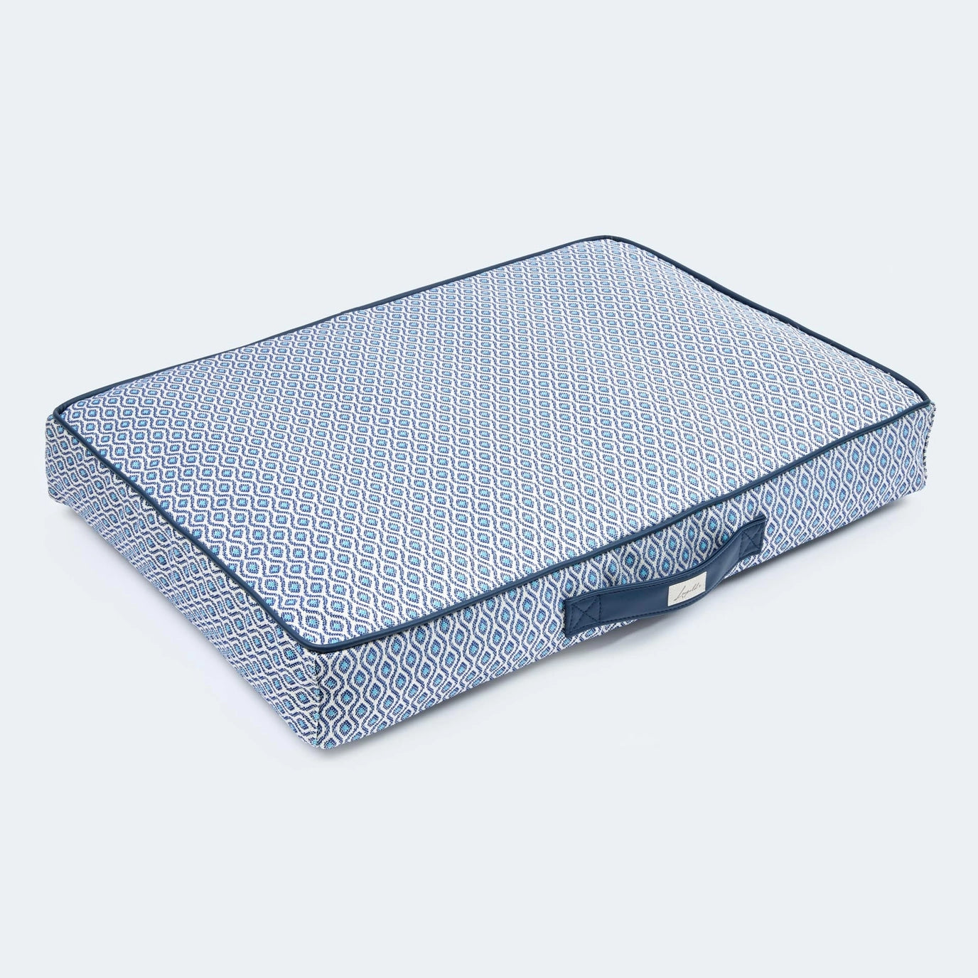 Top-Down Ansicht vom orthopädischem Hundekissen Santorini von Leopold's Finest in blau. Das Kissen ist Indoor und Outdoor geeignet.