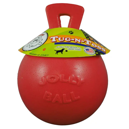 Hundespielzeug Ball mit integriertem Griff in rot.