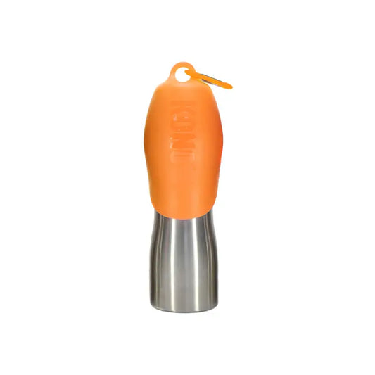Edelstahl Hundetrinkflasche mit orangem Deckel, gleichzeitig auch ein praktischer Napf ist.