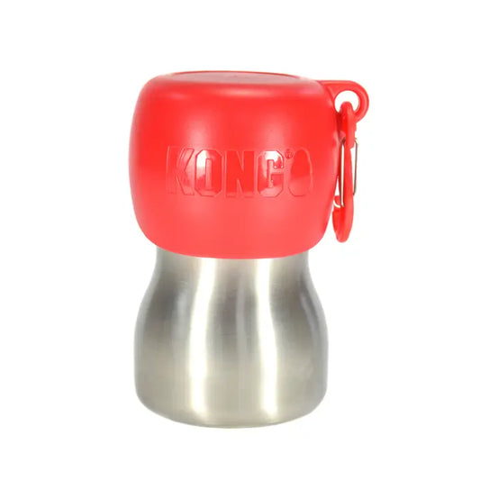 Edelstahl Hundetrinkflasche mit rotem Deckel, gleichzeitig auch ein praktischer Napf ist.