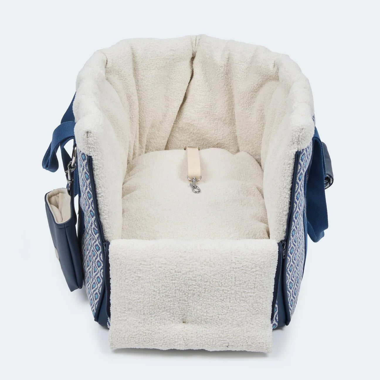 Leopold's Finest Hundetasche Santorini für Dackel und kleine Hunde in blau. Vorderansicht geöffnet