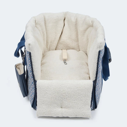 Leopold's Finest Hundetasche Santorini für Dackel und kleine Hunde in blau. Vorderansicht geöffnet