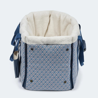 Leopold's Finest Hundetasche Santorini für Dackel und kleine Hunde in blau. Vorderansicht geschlossen