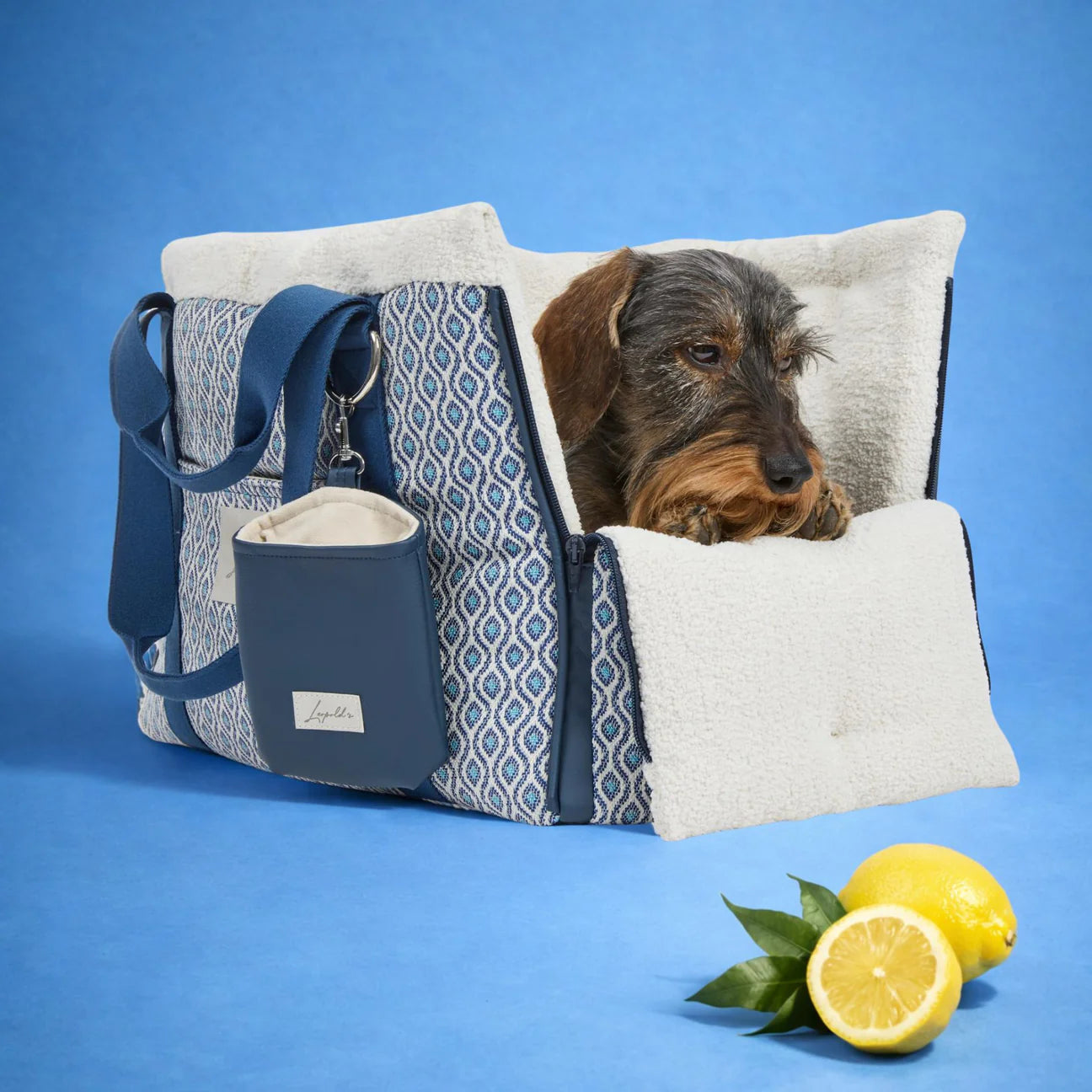 Leopold's Finest Hundetasche Santorini: Modische Tragetasche für kleine Hunde in kräftigem Blau, passend für Frühling und Sommer.