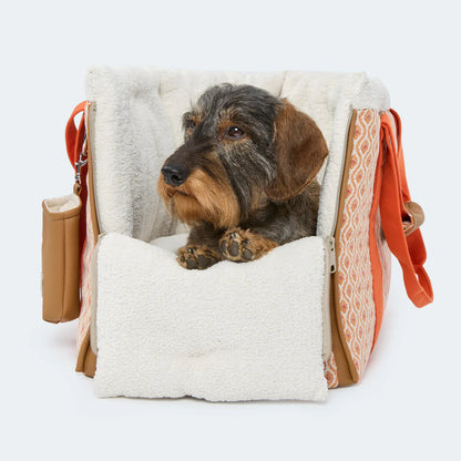 Leopold's Finest Hundetasche Santorini für Dackel und kleine Hunde in orange. Vorderansicht geöffnet mit Rauhaardackel.