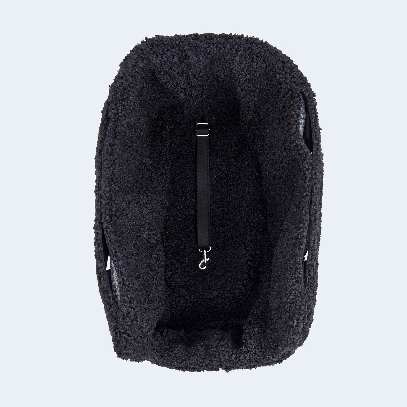 Hundetasche EasyLuxe Curly von Leopold's Finest in grau mit schwarzem curly Fell. Top-Down Ansicht