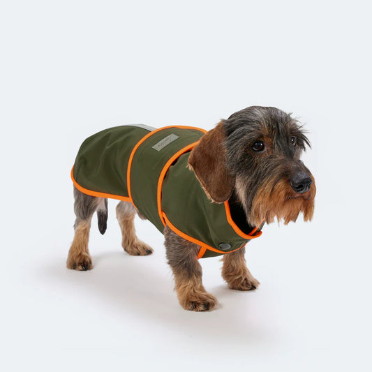 Handgefertigter Softshell Hundemantel in grün-orange. Sorgt für Sicherheit an dunklen Winter Tagen