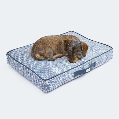 Hund liegt auf orthopädischem Hundekissen Santorini von Leopold's Finest in blau. Das Kissen ist Indoor und Outdoor geeignet.