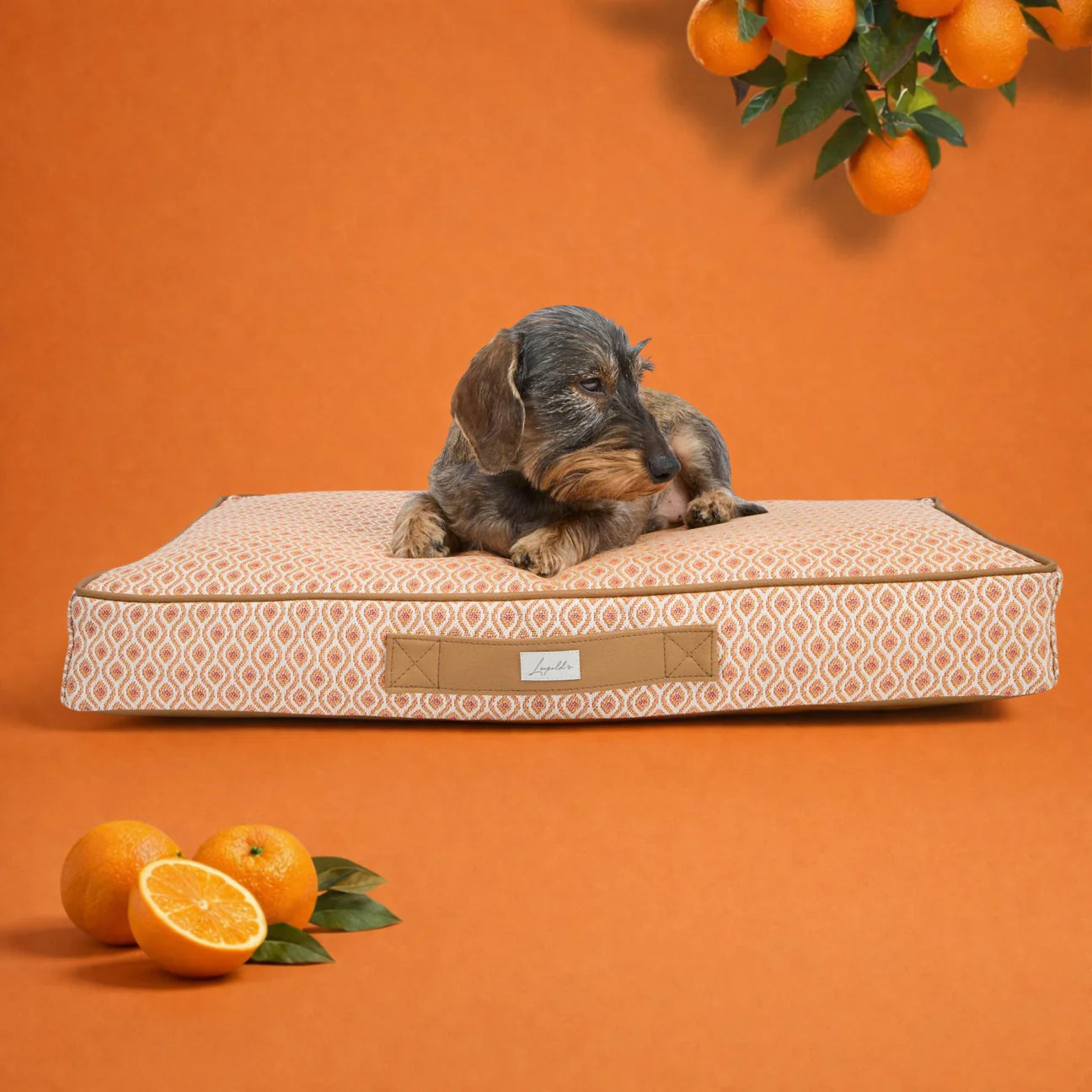 Orthopädisches Hundekissen Santorini von Leopold's Finest in Orange. Das Kissen ist Indoor und Outdoor geeignet.  Frontale Ansicht