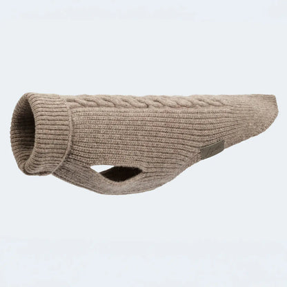 Taupe farbender Hundepullover aus Strick von Leopold’s Finest – warme Hundekleidung mit Zopfmuster für kleine und mittelgroße Hunde.