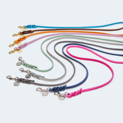 Hochwertige Führleinen aus Fettleder für Hunde. In verschiedenen Farben sowie silbernen und goldenen Beschlägen erhältlich.