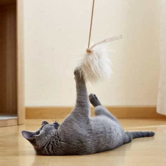 Hochwertiges Katzenspielzeug von Miacara mit Plüsch und Echtleder Schnur.