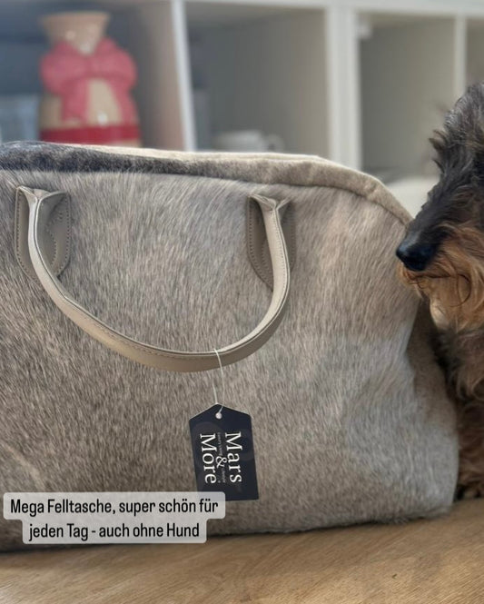 Hochwertige Tote-Bag Handtasche. Luxuriöse Felloptik in natürlichen Grau-/Brauntönen. Griffe aus Leder.